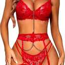RSLOVE Women's Lingerie Sets with Garter Belt 3 Piece Sexy Lace High Waist Bra and Panty Set Push Up Exotic Sleepwear