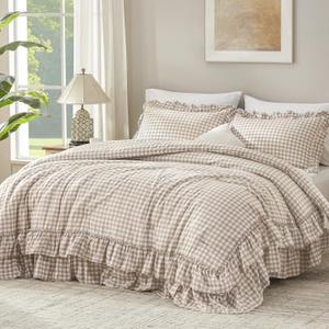 Andency Tan Gingham Ruffle Comforter Set California King, 3 Pieces Lightweight Fluffy Farmhouse Shabby Chic Plaid Bedding Sets, Soft Polyester All Season Cal King Bed Sets (104x96Inch)