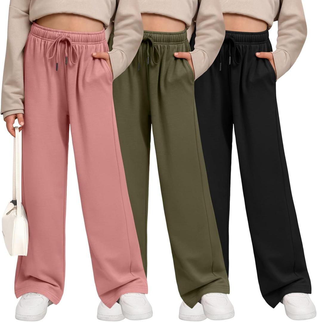 3 Pack Girls' Sweatpants Wide Leg Drawstring Casual Kids Joggers Open Bottom Loose Solid Teen Pants with Pockets (X-Large, Army Green, Coral Pink, Black)