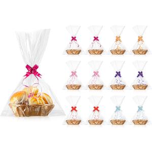 Jetec 12 Pcs Baskets for Gifts Empty, 9 x 6 x 2.24 Inches Woven Basket with 60 Colorful Pull Bows and 30 Clear Bags, Gift Fruit Storage for Thanksgiving, Christmas and Any Occasion(Beige)