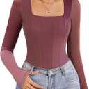 Avidlove Women's Long Sleeve Bodysuits Square Neck One Piece Body Suit Mesh Leotard Tops Double Lined Soft (Medium, Purple Red)