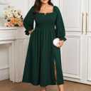 SCOMCHIC Womens Plus Size Maxi Dress Long Sleeve Square Neck Smocked Dress | Wedding Guest Cocktail Flowy Split Casual Fall Dress Empire Waist A Line Long Dresses with Pockets (XXXL)
