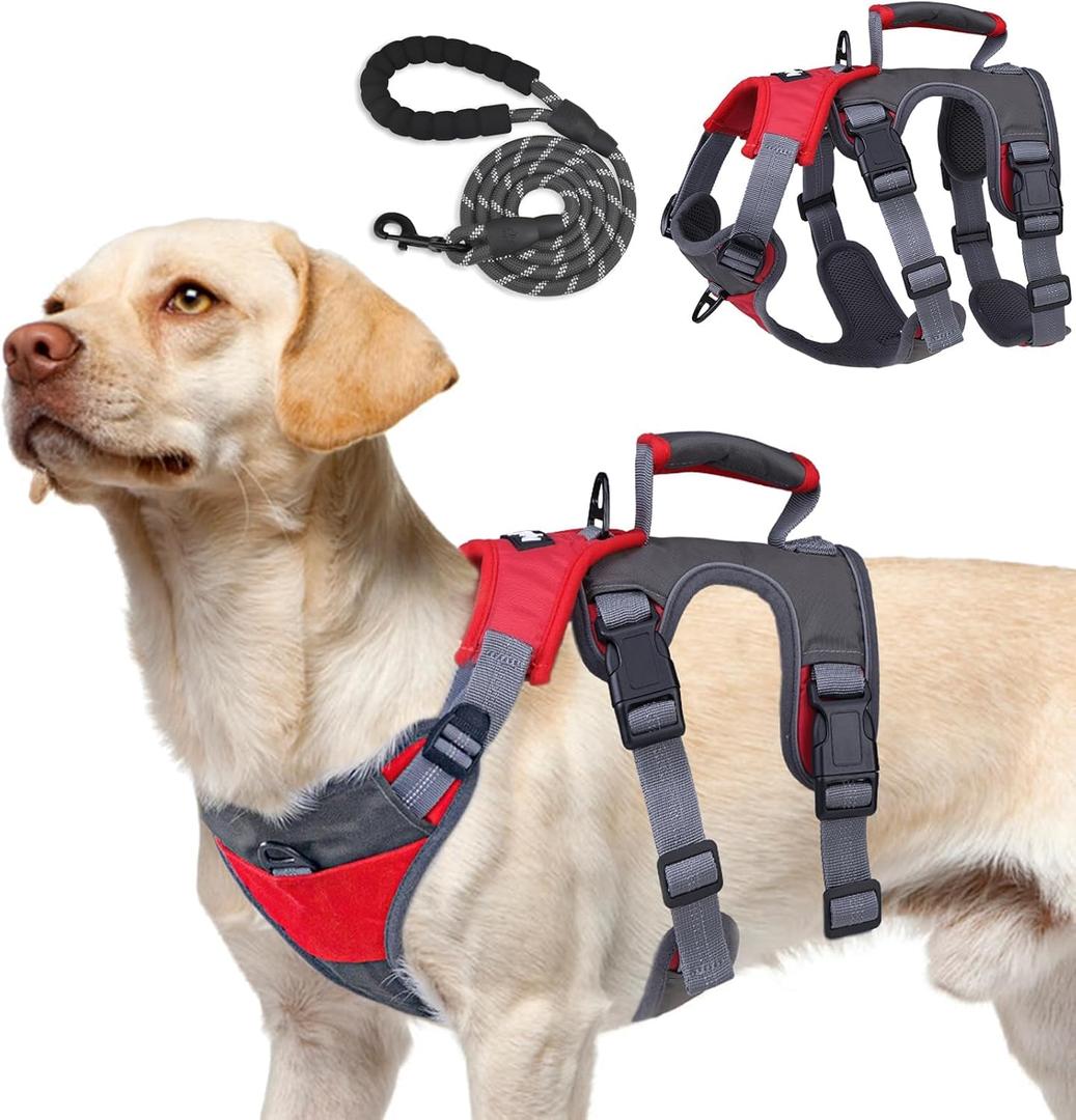 PUPTECK Escape Proof Dog Harness and Leash Set Upgraded No Pull Reflective Dog Vest with Lift Handle, Easy Control Pet Harness for Medium Large Dogs Training Walking Running (Red/Grey)