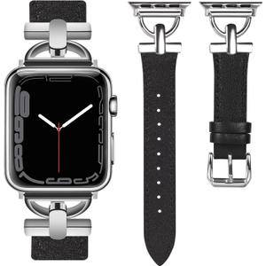 Wearlizer Leather Band Compatible with Apple Watch Bands Women 41mm 40mm 38mm 49mm 46mm 45mm 44mm 42mm, Fancy Dressy Strap for iWatch Series 11 10 9 8 7 6 5 4 3 SE/Ultra 3 2 1 (Black/Silver)