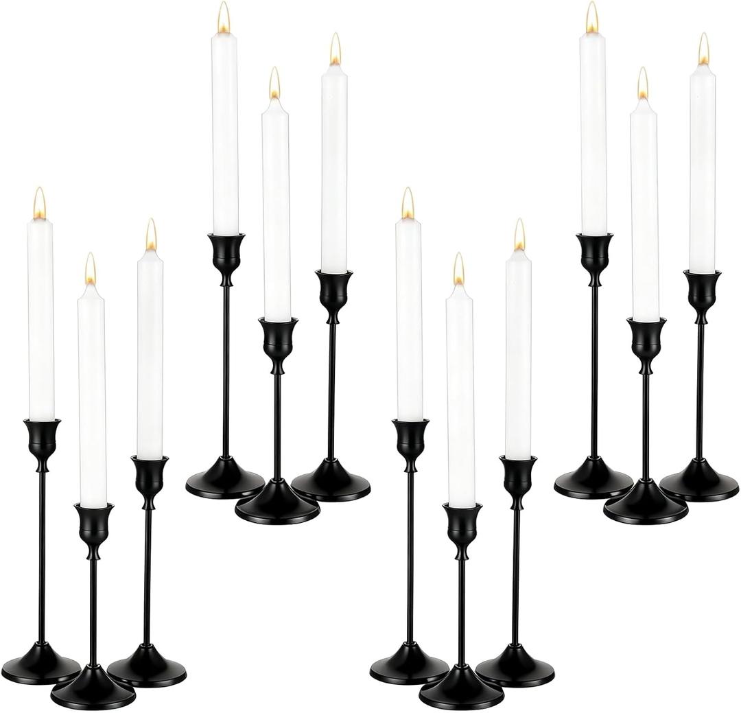 12 Pack Black Candlestick Holders, Vintage Taper Candle Holders Set in 3 Sizes for Dining Table, Fireplace, Party Decor