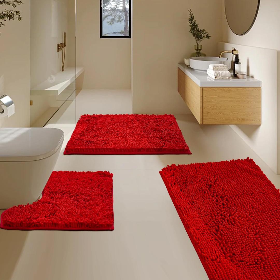 BOANKODU Bathroom Rugs Sets 3 Piece, Super Soft Absorbent Bath mat Set,with UShaped Toilet Rug,Strong PVC Underside Bathroom Rug,Antiskid Bath mats Washable Toilet mat, Red
