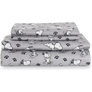 Berkshire Blanket Peanuts Kids Sheet Set Queen Size - 4 Pieces,Cute Character Snoopy Printed Soft Microfiber Bed Sheets,Peanuts Poses and Paws Grey