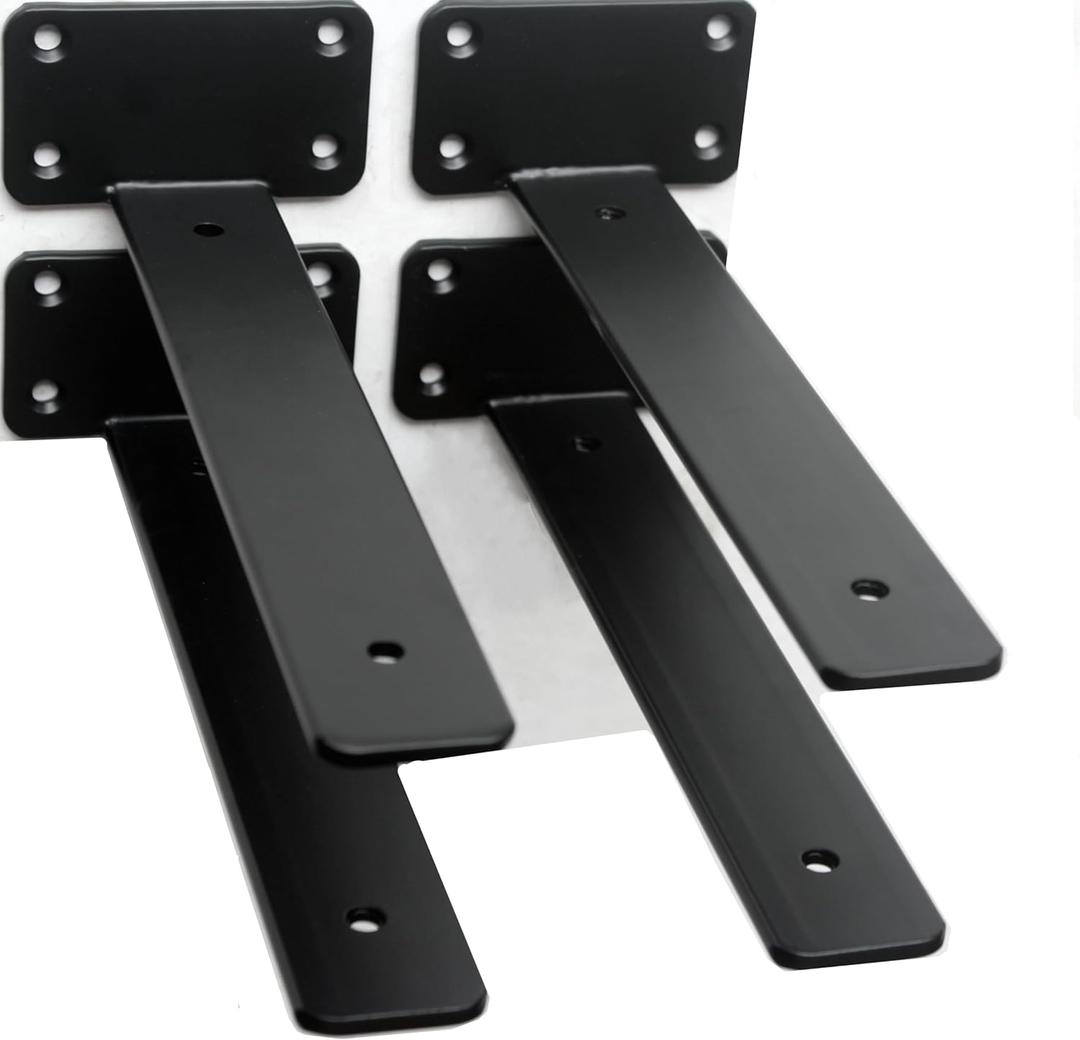 4 Pack - 9 Inch Black Hidden L Shelf Bracket (1/5 Inch Thicked) Iron Floating Shelf Brackets Rustic Industrial Metal Brackets for Shelf Support