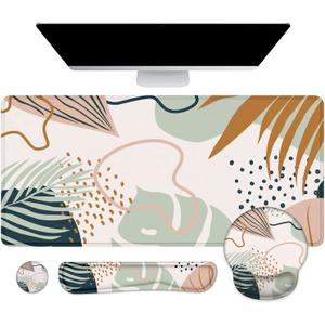 LATEEFAH Mouse Pad with Wrist Rest, Large Mouse Pad, Ergonomic Gaming Desk Pad Keyboard Wrist Rest Set, 4-in-1 Desk Mat Keyboard Mat for Home, Office (Tropical Leaves)
