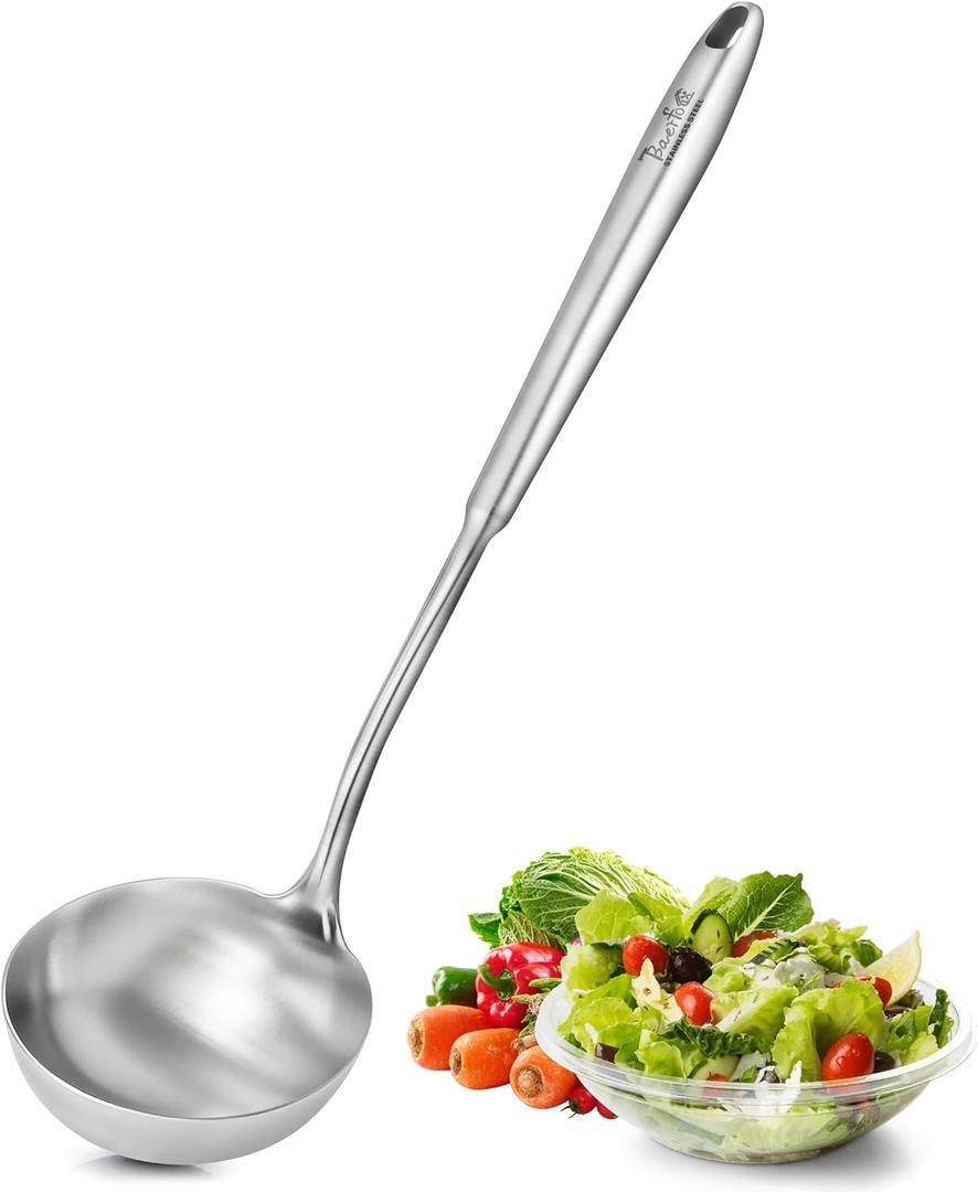 Solid Stainless Steel Soup Ladle, 13.7" Food-Grade 304 Rust-Free Table Ladle, Brashed-Polished & One-Piece Dishwasher-Safe, Ergonomic Long Handle for Home, Kitchen, Restaurant