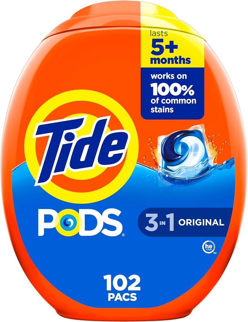 Tide PODS laundry detergent pacs, 3-in-1 Stain Remover, Odor Fighter, Color Protector, 102 Count, HE compatible, Original Scent