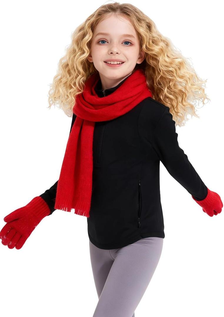 Girls Long Sleeve Shirts Horse Riding Equestrian Fleece Jackets Thermal Shirt Half Zip Pullover Kids Sweatshirts (Black, L)