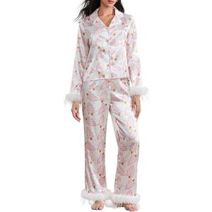 iTranyee Women Christmas 2 Piece Pajamas Set Feather Trim Long Sleeve Button Down Shirt Pants Outfits Silk Satin Lounge Set (Large, White)