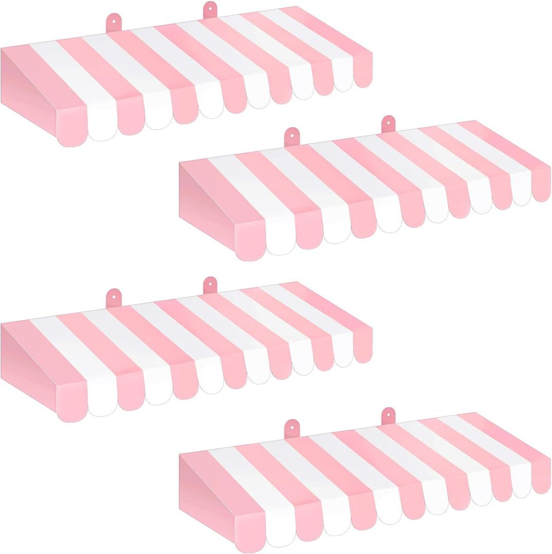 Boao 4 Pack Pink Circus Awning Decoration 3D Pink and White Stripe Cardboard Awning Bulletin Board Wall Decor Sweet Ice Cream Party Favors for Lemonade Stand Truck Bulletin Board