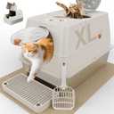 Stainless Steel Litter Box with Lid, XL Extra Large Litter Box, Enclosed Top Entry Metal Litterbox for Big Cats, Easy Cleaning, Anti-Leakage & High Sided with Mat, Aisle & Scoop, Beige