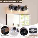 Farmhouse Bathroom Light Fixtures, 3-Light Rustic Wood Bathroom Lights Over Mirror with Glass Globe Shades, Matte Black Wall Mounted Lamp Vanity Lights for Bathroom Bedroom Living Room Cabinet