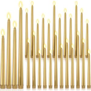 24 Pcs Flameless LED Taper Candles Battery Operated Candles 8.58'', 9.69'', 10.98'', 12.91'', 12.8'' Flameless Candlesticks Flickering for Halloween Christmas Church Wedding(Golden)
