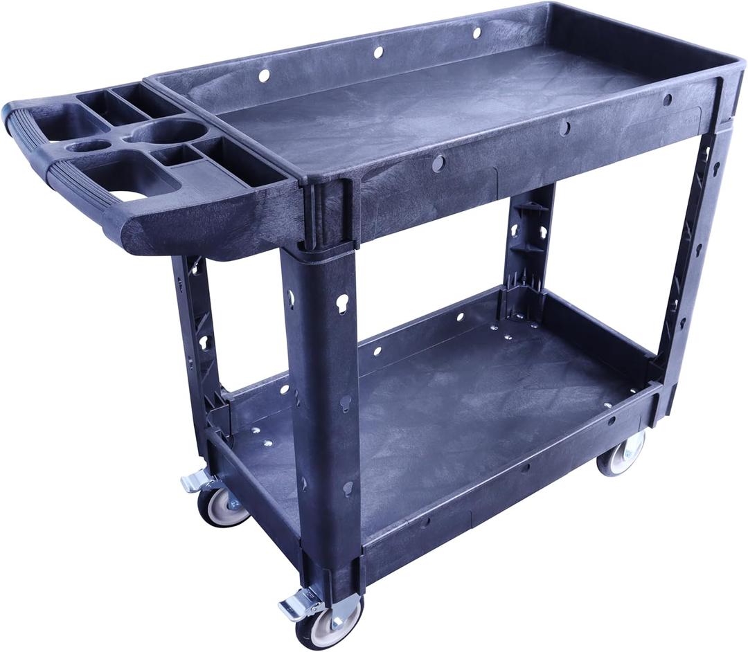 Utility Service Cart, 2-Shelf 500LBS Heavy Duty Plastic Rolling Utility Cart with 360 Swivel Wheels, Lipped Shelves, Ergonomic Storage Handle for Warehouse/Garage