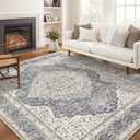 Washable Rug for Living Room - 7x9 Non-Slip Soft Vintage Floral Area Rug for Family Kids & Pet, Stain Resistant Carpet for High Traffic Bedroom Dining Room Teen Dorm Home Decor Aesthetic (Blue/Beige)