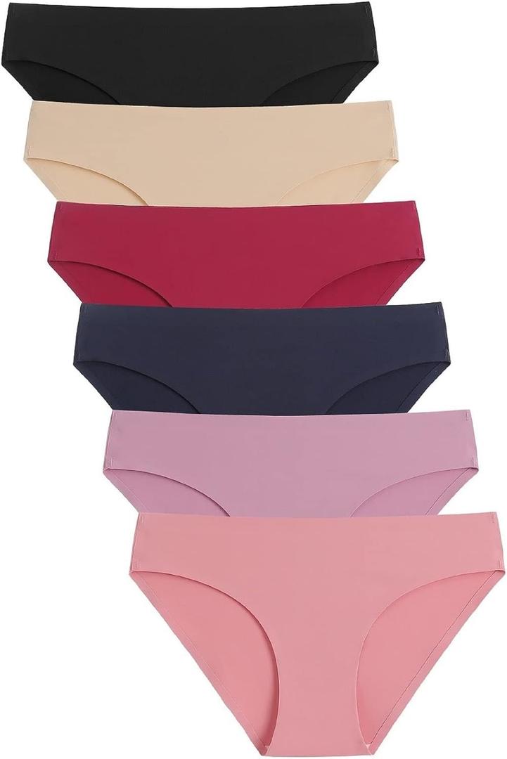 Caterlove Women's Seamless Underwear No Show Stretch Bikini Panties Silky Invisible Hipster 6 Pack, Medium