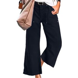 Flamingals Straight Wide Leg Jeans for Women Mid Waisted Casual Raw Hem Denim Capris Pants with Pockets (S)