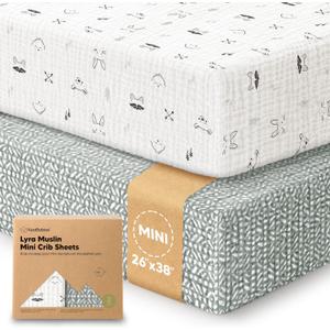 2-Pack Muslin Mini Crib Sheets for Boys, Girls - 38x26 Pack and Play Sheets Fitted, Organic Cotton, Compatible with Graco Pack N Play Mattress, Neutral Toddler Playard Bedding,Soft Breathable (Nordic)