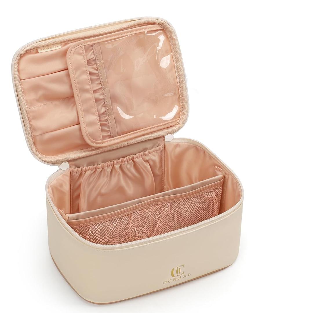 OCHEAL Beige Makeup Bag,Travel Makeup Organizer Bag, Large Capacity Cosmetic Bags For Women Large Travel Toiletry Bag Girls Traveling With Brush Slot And Divider - White