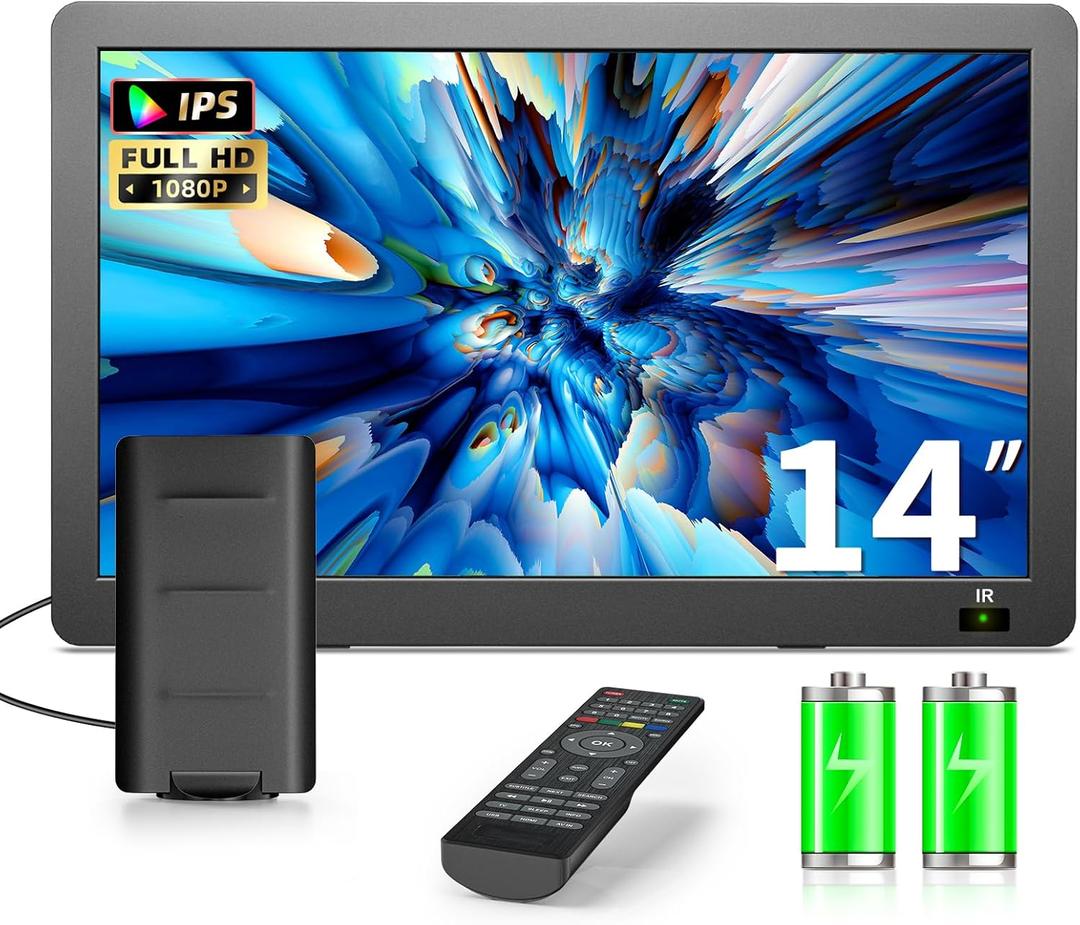 14 inch Portable TV with Upgraded Antenna ATSC Tuner, LCD Monitor 1080P, HDMI/USB/AV in, Small Portable TV for Camping, Car, RV, Home, Remote Control