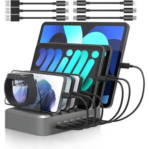 MSTJRY 90W 6-Port USB C Fast Charging Station for Multiple Devices, Multi PD Charger Station for iPhone iPad Tablet Phone, Charging Dock Organizer with Adjustable Dividers for Home Office Classroom (gun)