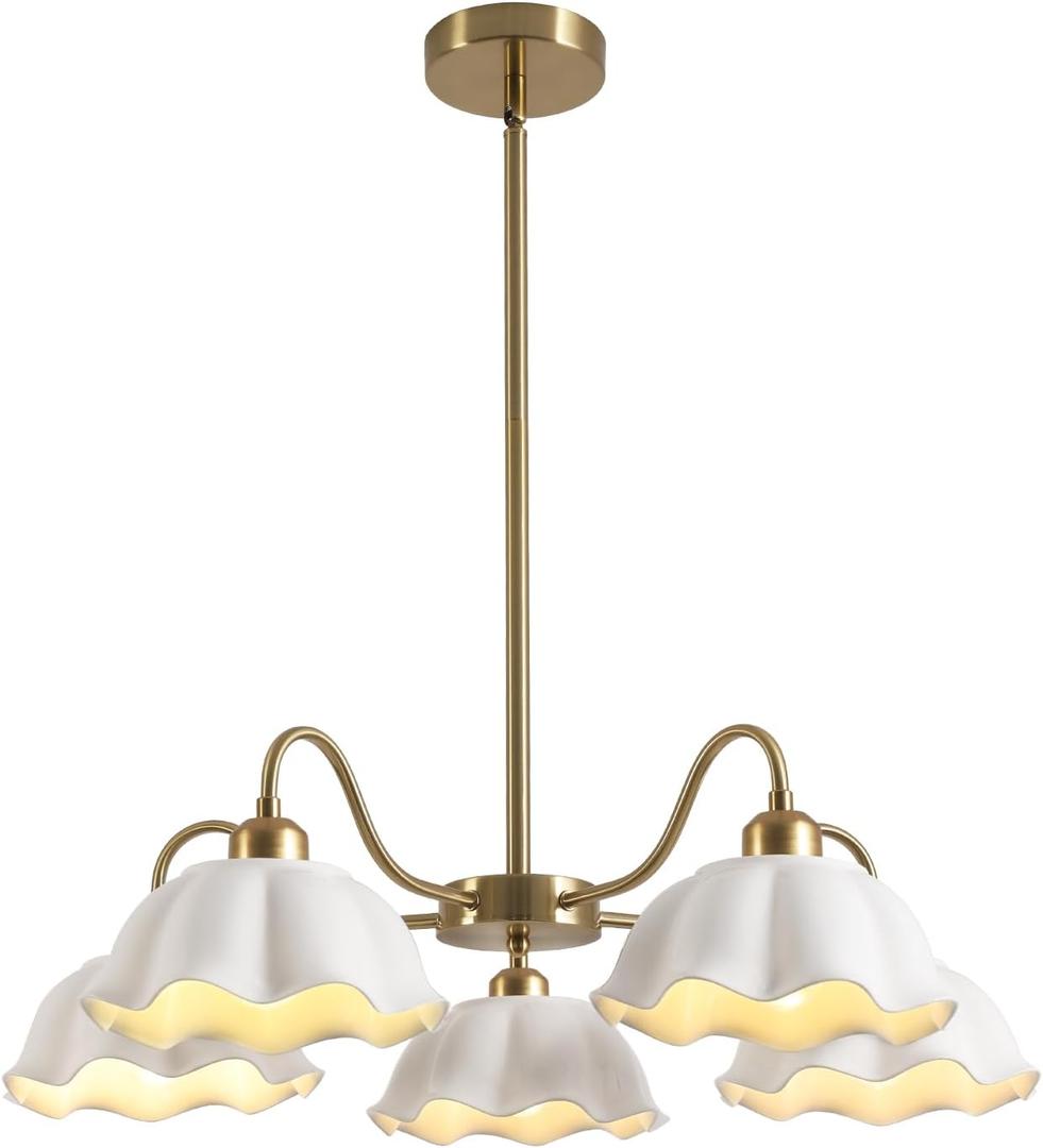 5-Light Gold Sputnik Chandelier Semi Flush Mount Chandelier Mid Century Modern Sputnik Chandelier with White Ceramic Shade Living Room Finish Brass Chandelier (5- LIght White)