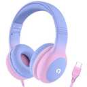 ADOOPE Wired Kids Headphones with USB C Plug, 85dB Safe Volume, Adjustable Headband, Tangle-Free Cord Headphones for School, Tablet, Travel (Light Purple & Pink, Without Microphone)
