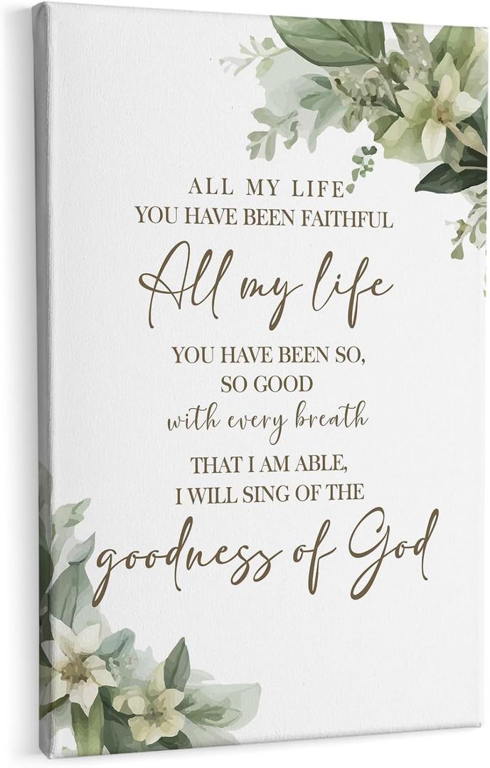 HIWX Christian Wall Decor, All My Life You Have Been Faithful Bible Verse Botanical Framed Canvas Painting Wall Art Decor, Religious Wall Art Home Decoration for Bedroom Living Room Church, 16x24