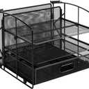 Amazon Basics Sturdy Rectangular Desktop Organizer with 3 Trays, Sliding Drawer and Hanging File Holder for Office Supplies, Black