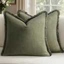 Woaboy Decorative Linen Fringe Throw Pillow Covers Boho Farmhouse Soft Cushion Covers Accent Pillowcases with Tassels Spring Home Decor for Livingroom Couch Sofa Bed,22x22 Inch Set of 2,Olive Green