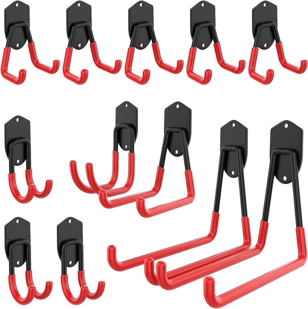 12PCS Garage Storage System Hooks, Wall Mount Heavy Duty Rubber Coated Utility Hooks for Garden Tools, Ladders, Cords, Folding Chairs, Weed Eaters, Shovels and Rakes