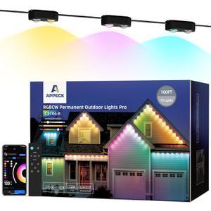 Permanent Outdoor Lights Pro 100ft, RGBCW Smart Eaves Lights with 72 LED Lights, Dual Lens, Cuttable, 111 Scene Modes, IP67 Waterproof Lighting for Holiday Decoration, Work with Alexa, Black