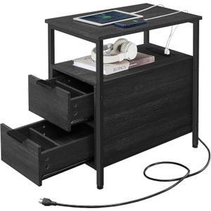 VASAGLE Side Table with Charging Station, Narrow End Table with 2 Drawers, Slim Nightstand and Bedside Table with Storage, for Small Spaces, Black ULET321B22