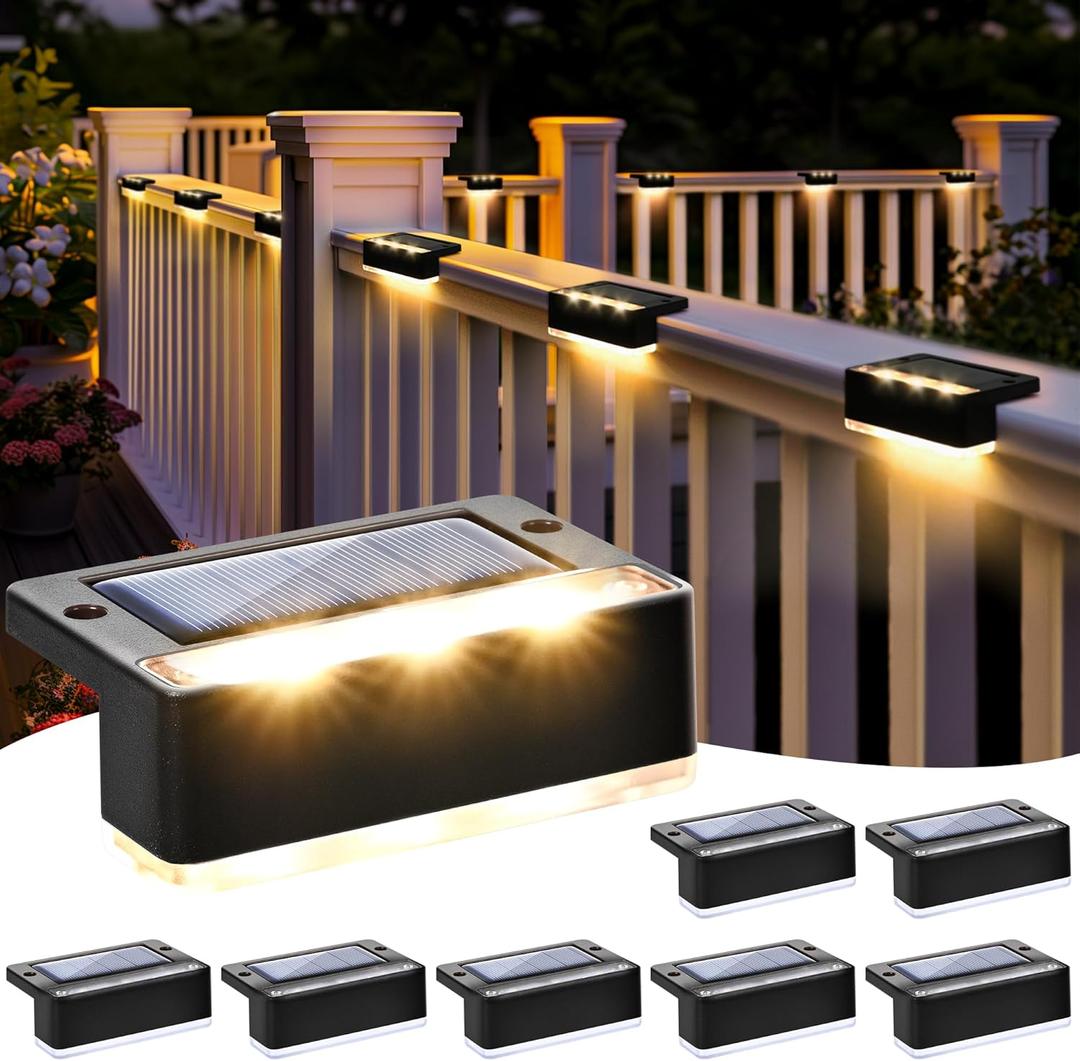 Solar Deck Lights 8 Pack, Solar Stair Lights Outdoor Waterproof for Patio, Fence, Front Porch, Balcony, Deck Railing, Garden, Yard, Christmas Lights Decorations Outside(Warm White)