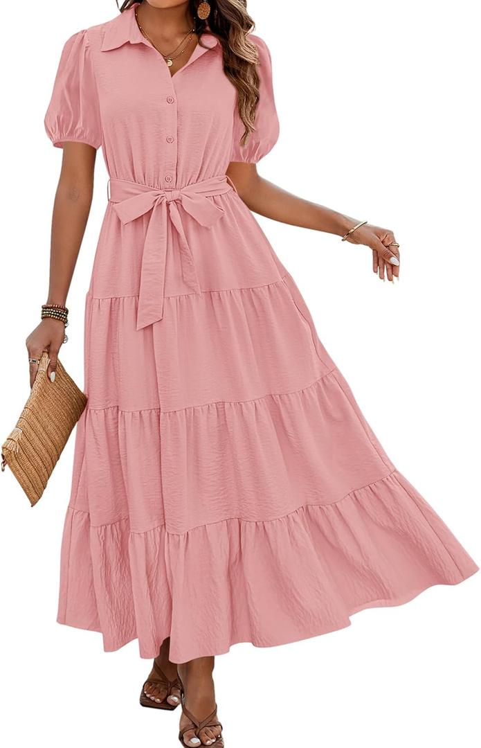 dowerme Womens Summer Dresses 2025 Short Sleeve Button Tie Waist Beach Vacation Clothes Boho Flowy Tiered Maxi Sundress (XX-Large, Grey Pink)