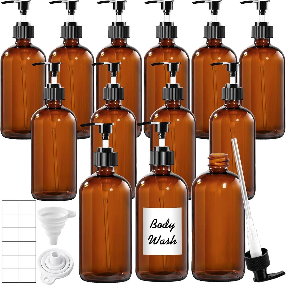 12 Pack Amber Glass Bottles 16oz with Pump Dispensers, Refillable Empty Pump Bottles for Bathroom, Kitchen, Shampoo, Soap, Lotion  Includes 2 Funnels & 12 Labels (Clear)