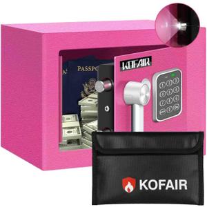 Safe Box for Home Safe (0.23 Cubic Feet) with Fireproof Bag, Personal for Money Safe for Cash Saving, Mini Safety with Key, Digital Safety with Light, Money Lock Box (Pink)