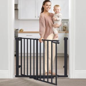 Malier Newest Baby Gate for Stairs with Large Walk Thru Door, 29-40" No Drill Pressure Mounted Dog Gate for Doorway, Auto Close Baby Gate, Easy Walk Through Gate Pet Gate for Child and Pets (Black)