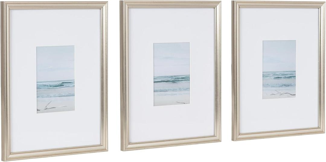 Kate and Laurel Adlynn Decorative Rectangle Watercolor Framed Art Set of 3; 11 x 14 matted to 5 x 7; Silver; Coastal Three-Piece Framed Wall Art for Gallery Wall Frame Set in Living Room Wall Decor
