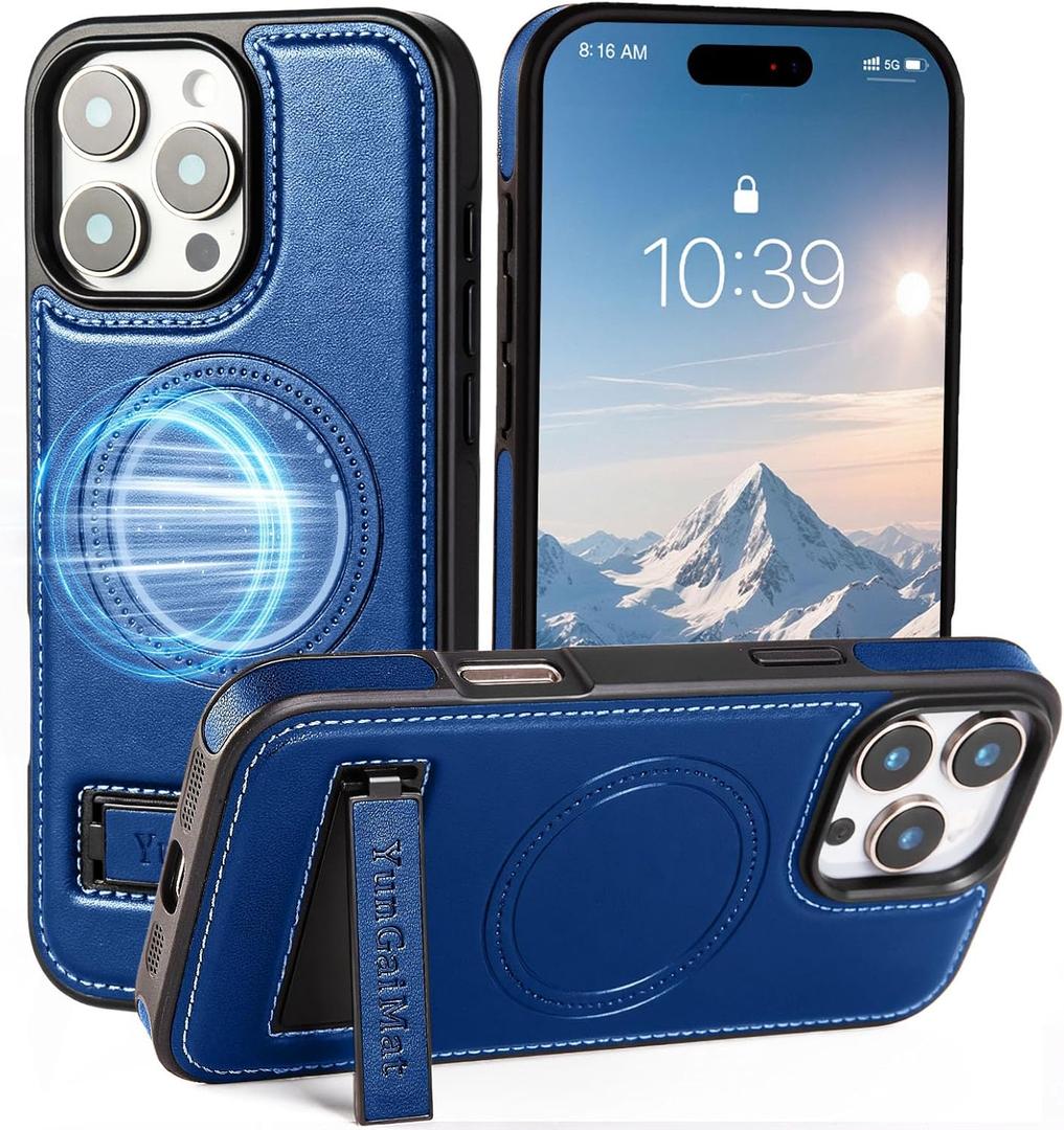 Magnetic for iPhone 16 Pro case with New with Kickstand [Compatible with MagSafe] Leather for iPhone 16 Pro 6.3'' Blue