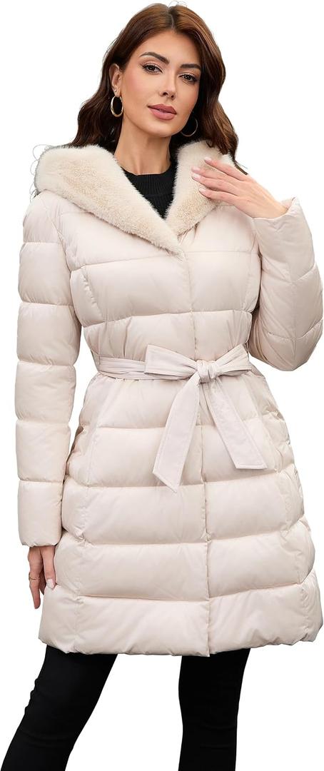 PAPILLON D'OR WEAR YOUR WINGS Women's Long Puffer Coat with Belt, Hood & Furry Lining - Knee-Length Winter Jacket XL
