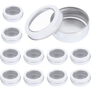 uxcell 2 Oz Tin Cans, 12 Pcs Aluminum Round Tins, Travel Sized Small Metal Tins Cosmetic Sample Containers with Clear Lid for Lotion Bars Beard Balms Candles, White