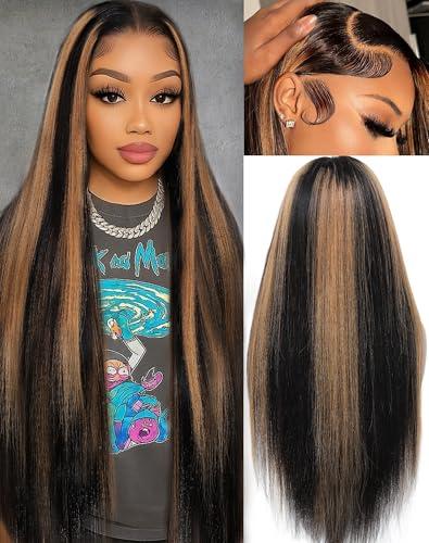 KUKIM 28 Inch Ombre Straight Wigs Human Hair 13x6 HD Transparent Lace Front Wigs Human Hair Pre Plucked 200 Density Highlight Real frontal Wig Can Last 6-9 Months Tangle-Free Natural Black for Women