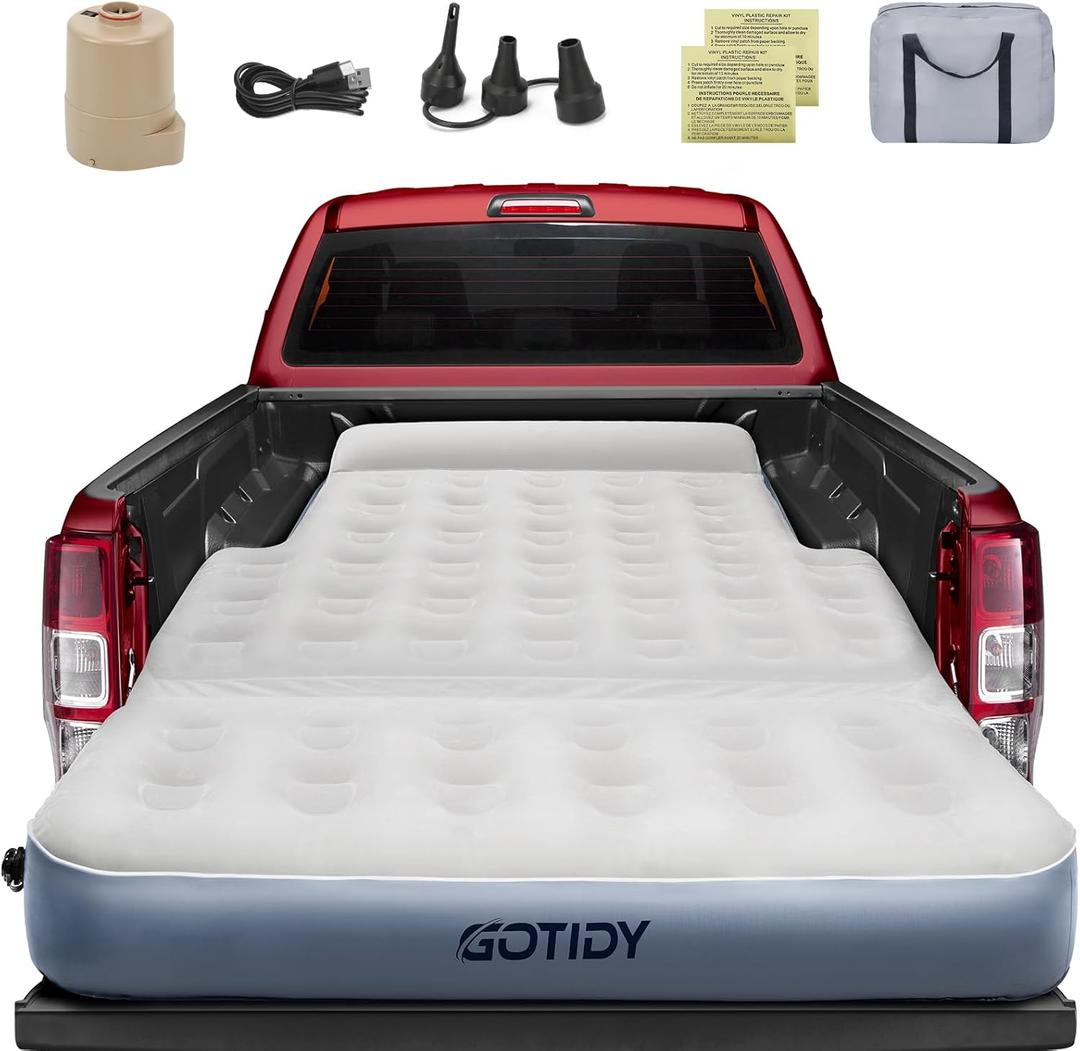 Short Truck Bed Air Mattress 5-5.5ft for Mid-Size Pickup with Tailgate Extension, Truck Bed Mattress for Tacoma Jeep Gladiator JT, Wired Air Pump, Oversized Carry Bag, Integrated Pillow