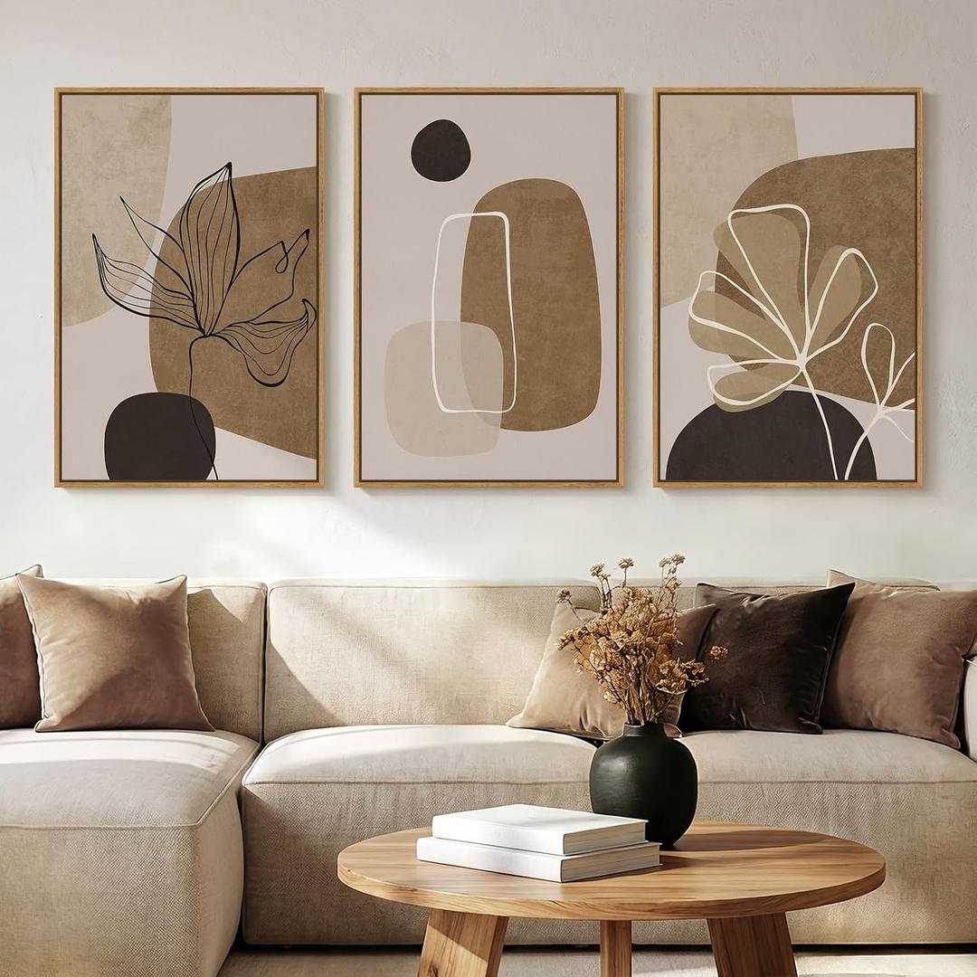Large Framed Neutral Boho Wall Art for Living Room, 3 Piece Abstract Brown Black Botanical Lines Canvas Artwork for Walls, Bohemian Pictures Wall Decor for Bedroom Home Office Hallway, 24x36 Inch, 24" W x 36" H x 3Pcs