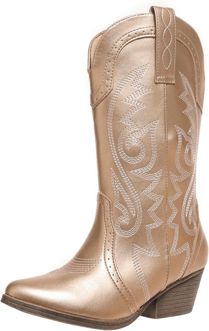 Cowboy Boots for Women Wide Calf Cowgirl Boots Pointed Toe Embroidery Stitched Fashion Western Boot Mid-Calf with Pull-on Tabs, US Size 11 (Gold)